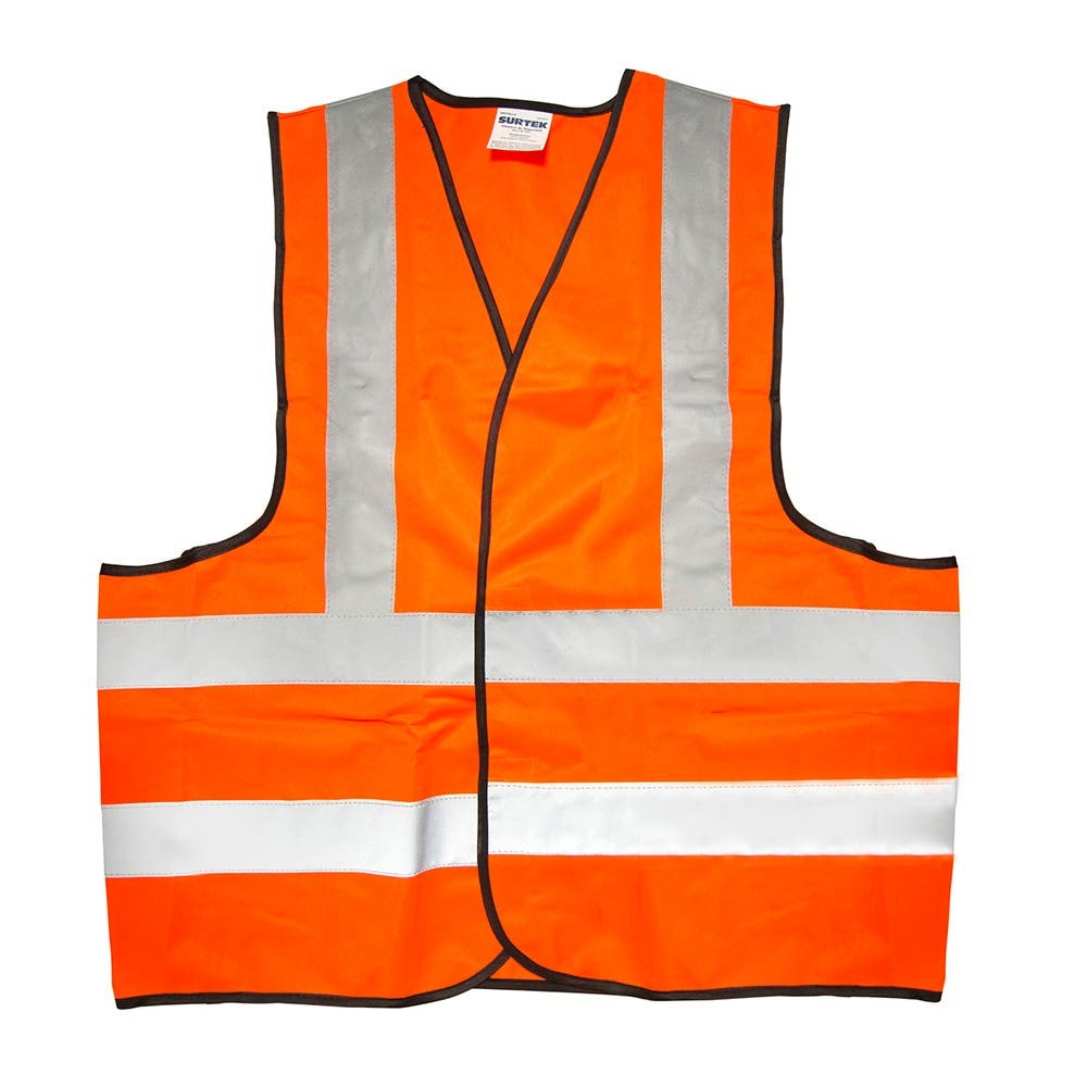 Imagen de CHALECO DE SEGURIDAD NARANJA CON CINTAS REFLEJANTES PLATEADAS UNITALLA SURTEK