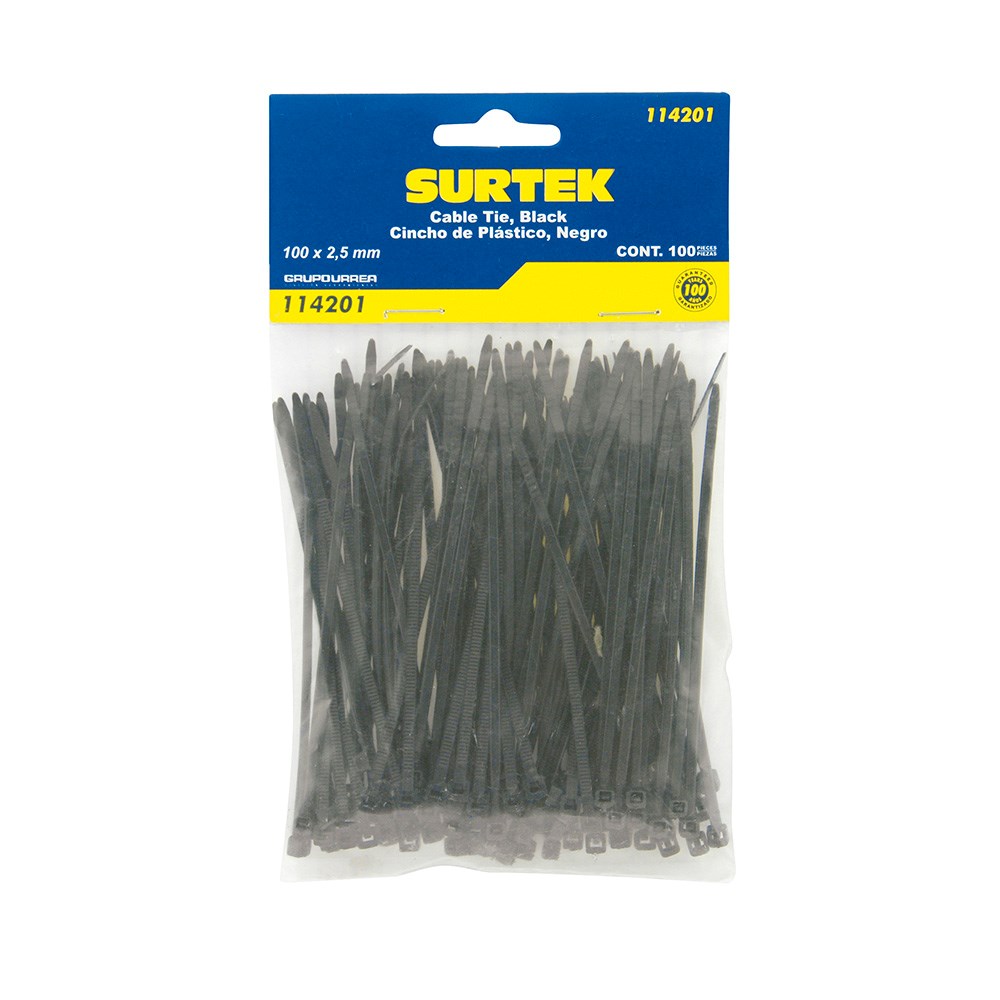 Imagen de CINCHO PLASTICO 100 X 2.5 MM TENSION 8 KG DE 100 PIEZAS COLOR NEGRO SURTEK