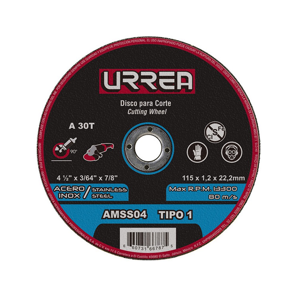 Imagen de DISCO ABRASIVO TIPO 1 PARA ACERO INOXIDABLE 4-1/2" X 3/64" URREA