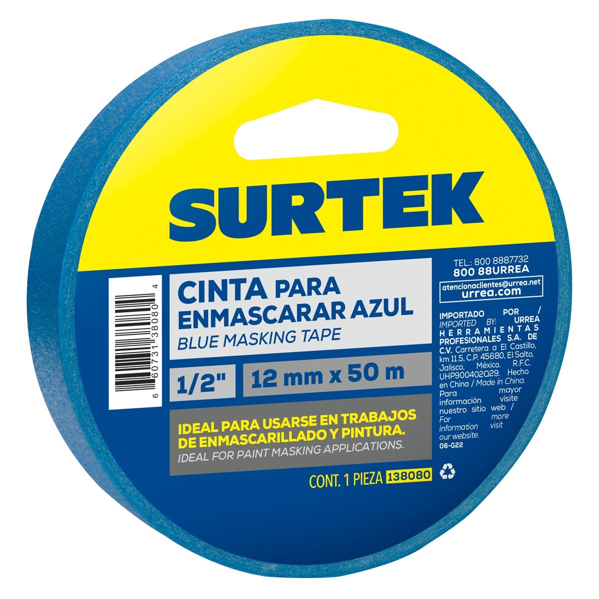 Imagen de CINTA MASKING TAPE PARA ENMASCARAR 13 MM X 50 MTS COLOR AZUL SURTEK