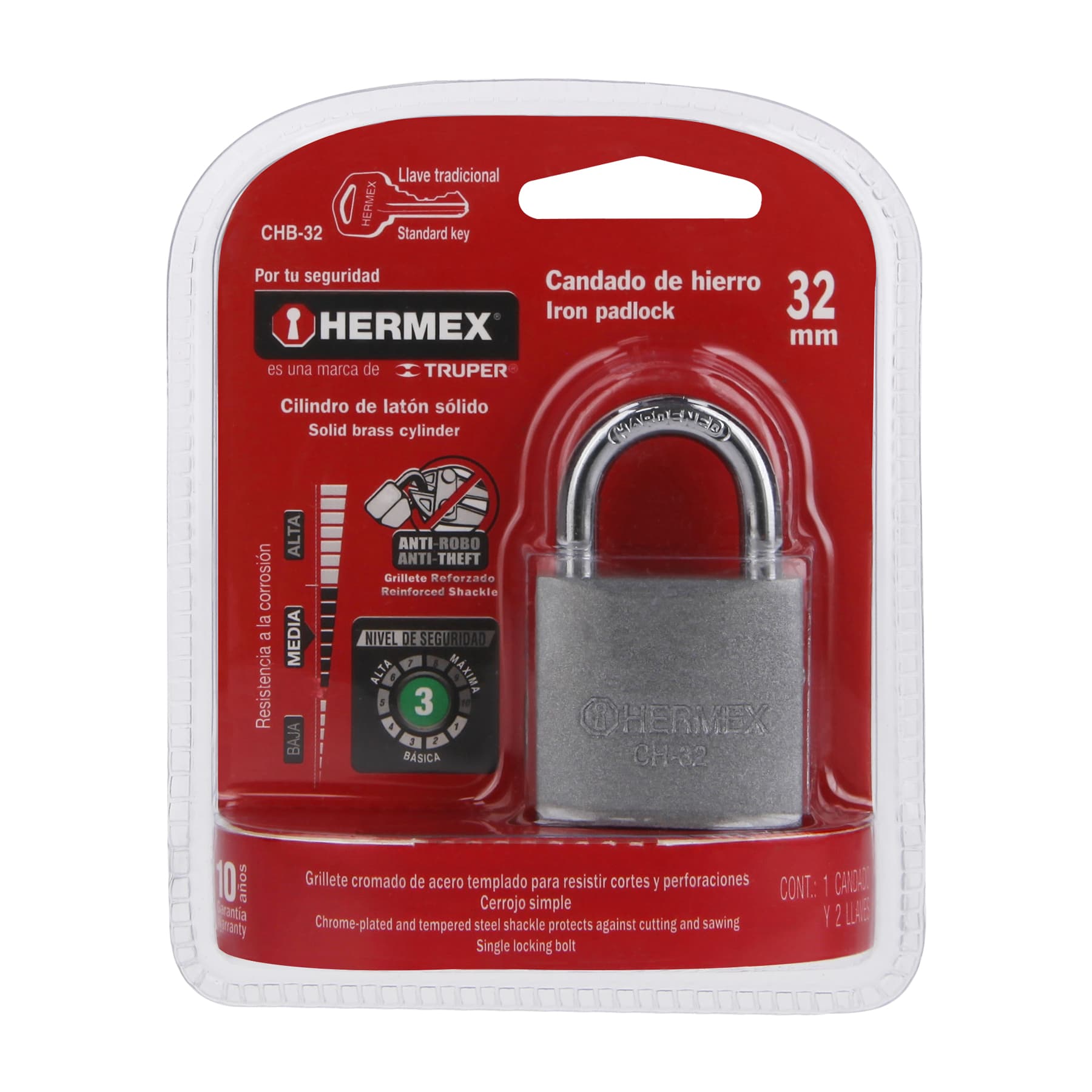 Imagen de CANDADO DE HIERRO DE 32 MM GANCHO CORTO EN BLISTER HERMEX, imagen 4