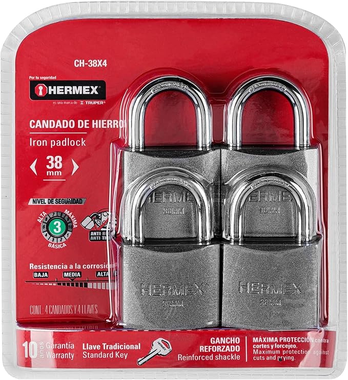 Imagen de BLISTER CON 4 CANDADOS DE HIERRO DE 38 MM CON GANCHO CORTO HERMEX