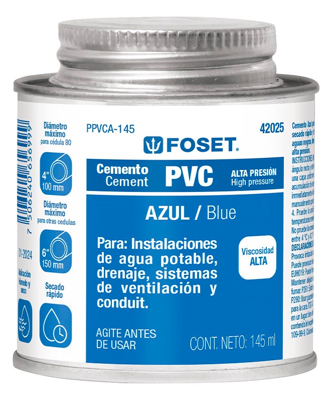 Imagen de CEMENTO PARA PVC AZUL PARA ALTA PRESION LATA DE 145 MILILITROS FOSET