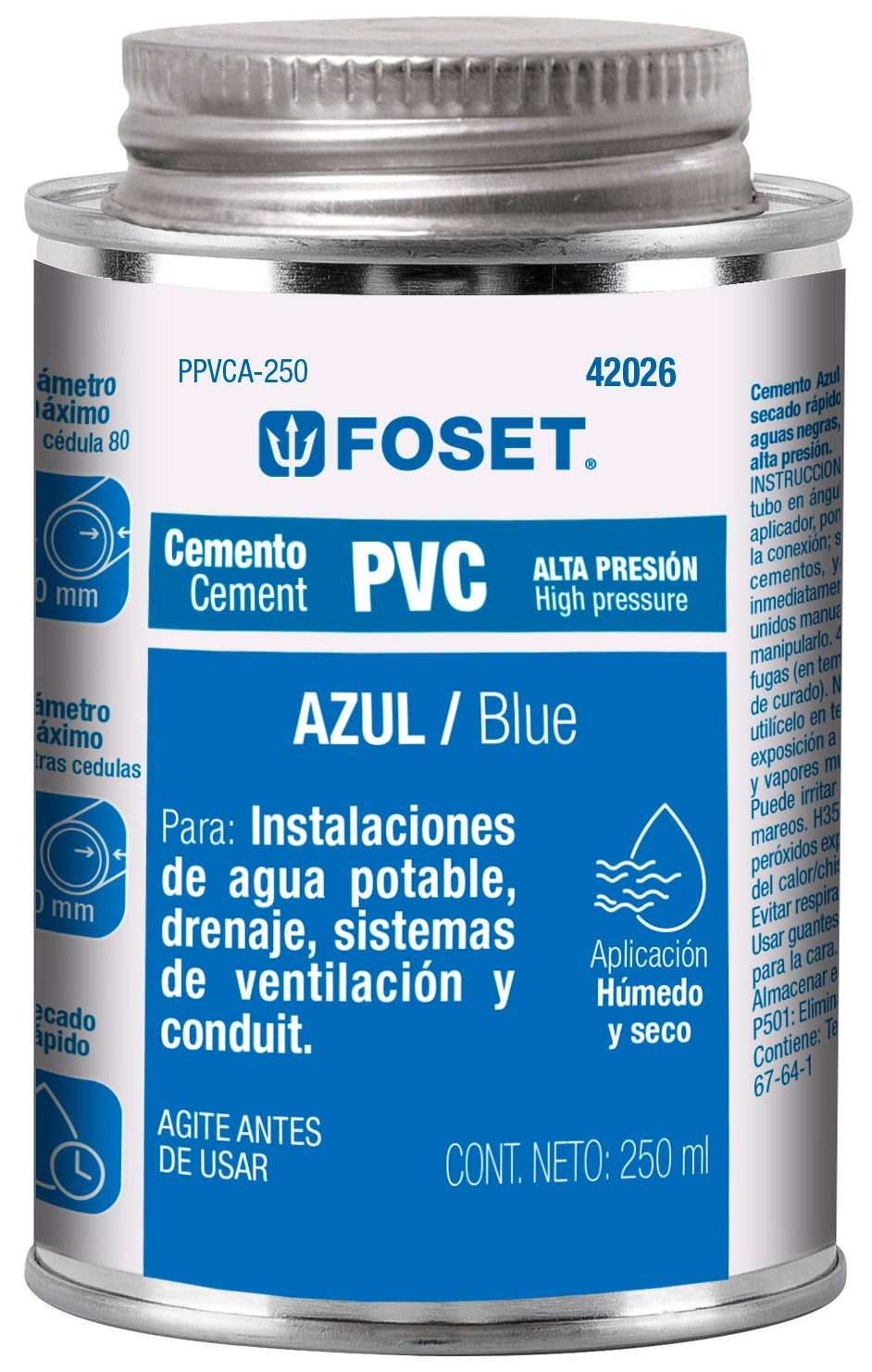 Imagen de CEMENTO PARA PVC AZUL PARA ALTA PRESION LATA DE 250 MILILITROS FOSET