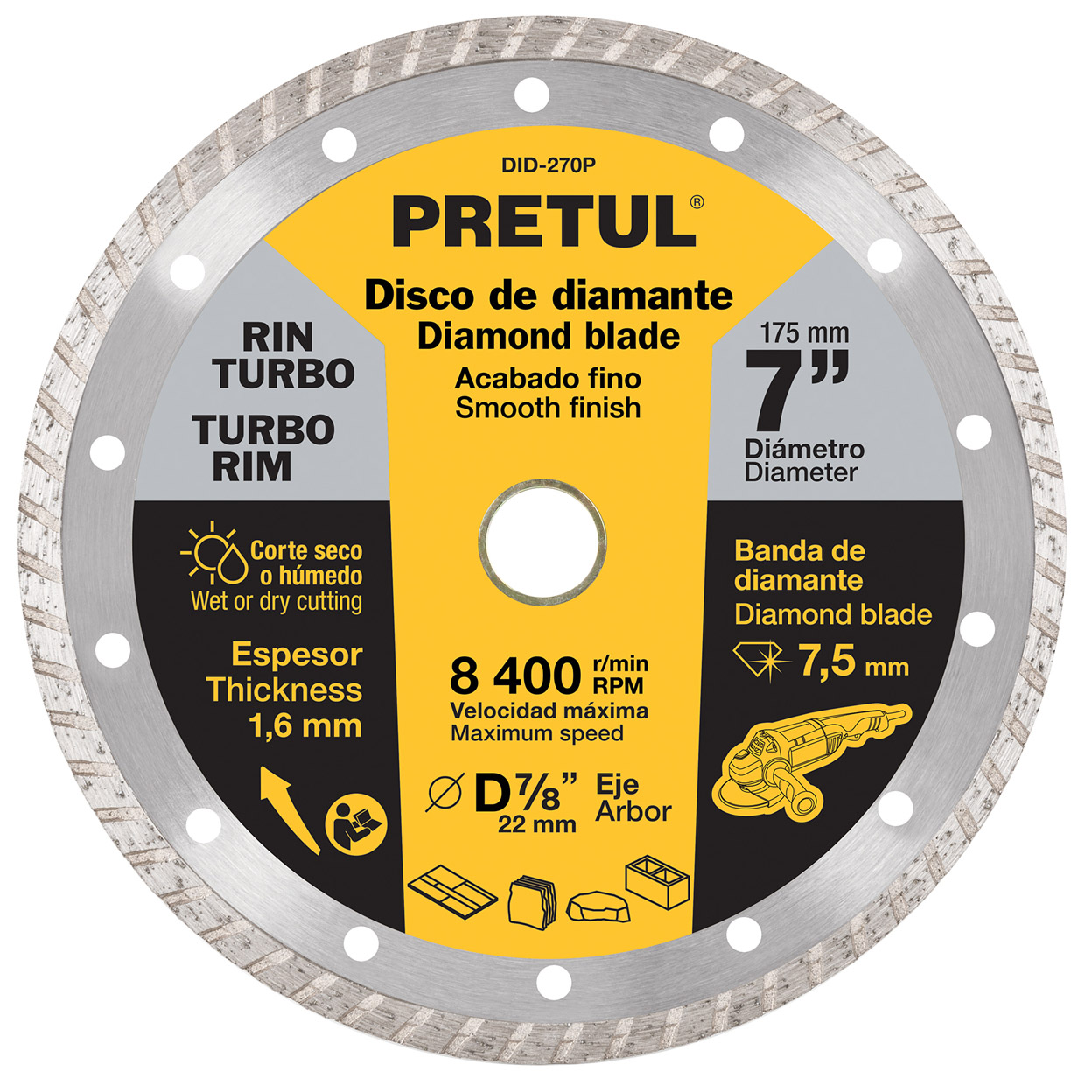 Imagen de DISCO DE DIAMANTE DE 7" X 1.6 MM CON RIN TURBO PRETUL