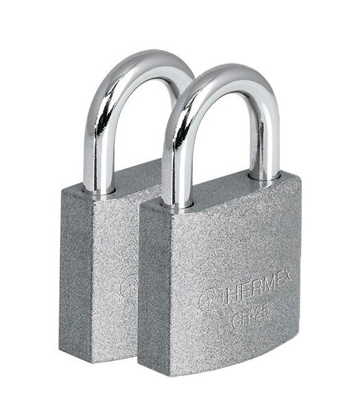 Imagen de BLISTER CON 2 CANDADOS DE HIERRO DE 25 MM CON GANCHO CORTO HERMEX