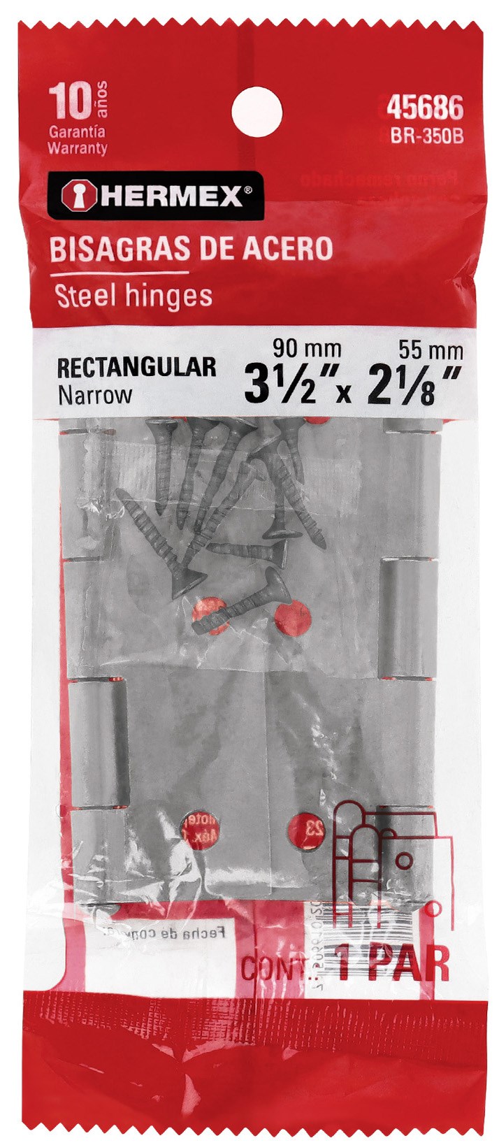 Imagen de BOLSA CON 2 BISAGRAS RECTANGULARES DE 3-1/2" EN ACERO PULIDO HERMEX